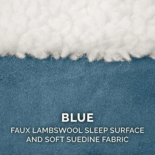 FurHaven Pet Dog Bed | Orthopedic Round Faux Sheepskin Snuggery Burrow Pet Bed for Dogs & Cats, Blue, 26-Inch