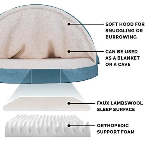 FurHaven Pet Dog Bed | Orthopedic Round Faux Sheepskin Snuggery Burrow Pet Bed for Dogs & Cats, Blue, 26-Inch