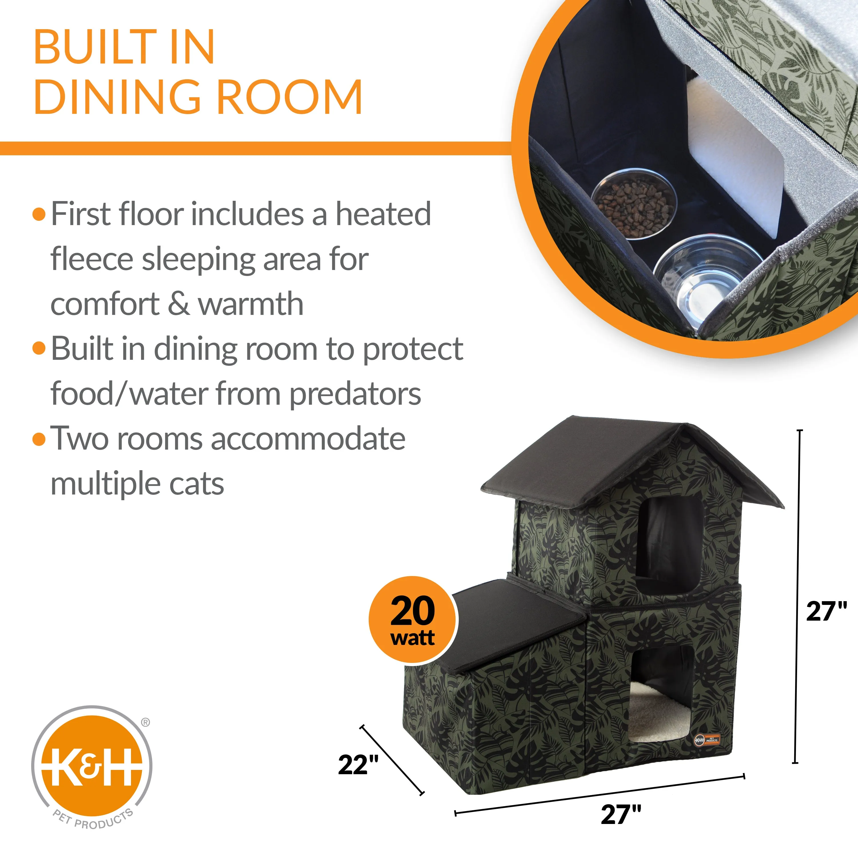K&H Outdoor Two-Story Kitty House with Dining Room - Heated & Unheated