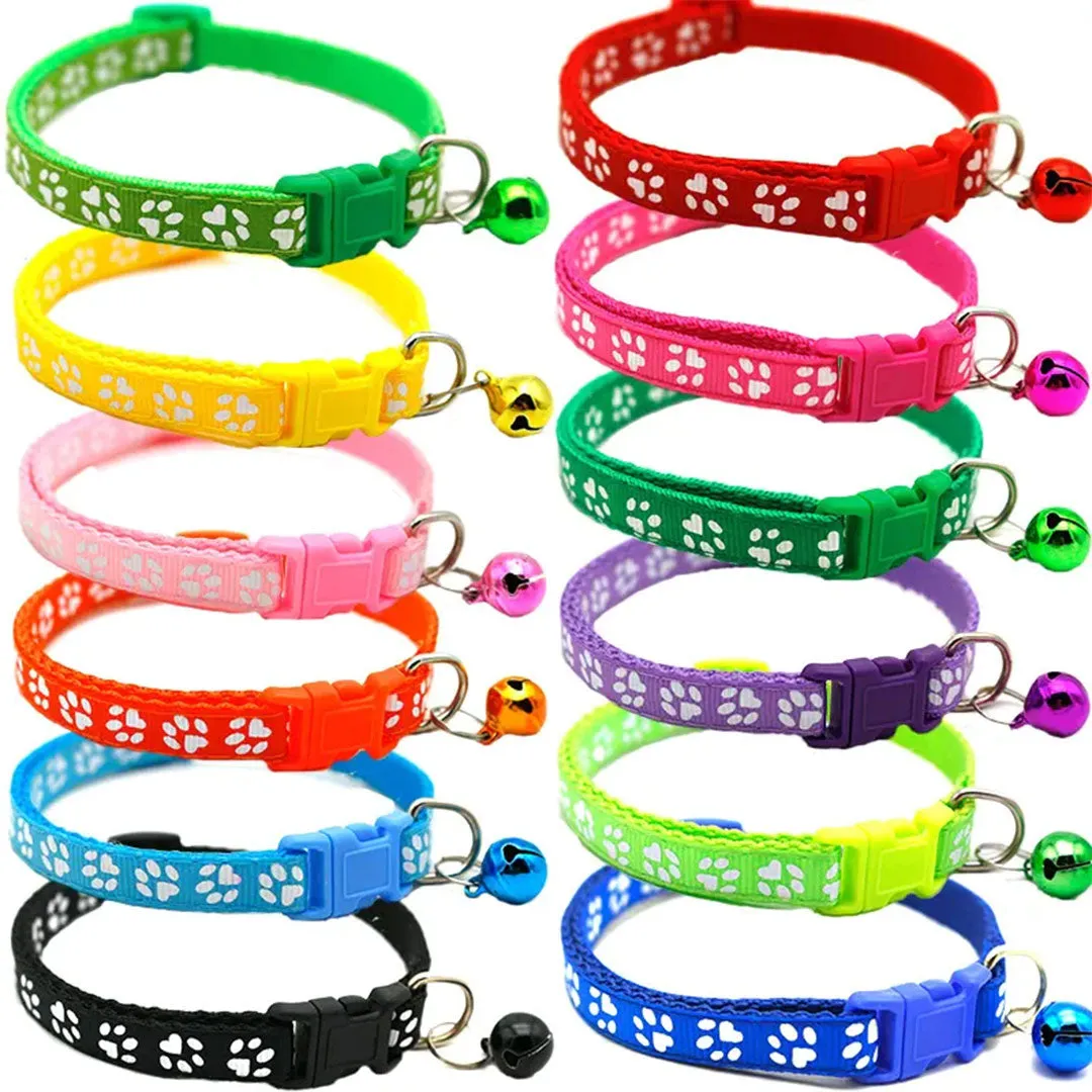 Pet Collar with Bell and Colorful Footprint Design