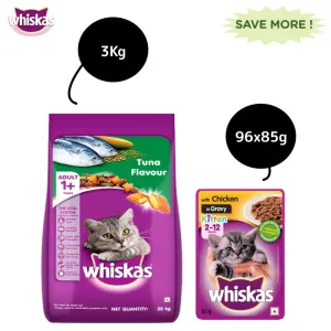 Whiskas Chicken Gravy Adult Cat Wet Food and Tuna Flavour Adult Cat Dry Food Combo