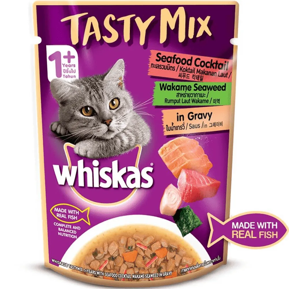 Whiskas Chicken With Salmon and Seafood Cocktail Wakame Seaweed in Gravy Tasty Mix Adult Cat Wet Food Combo