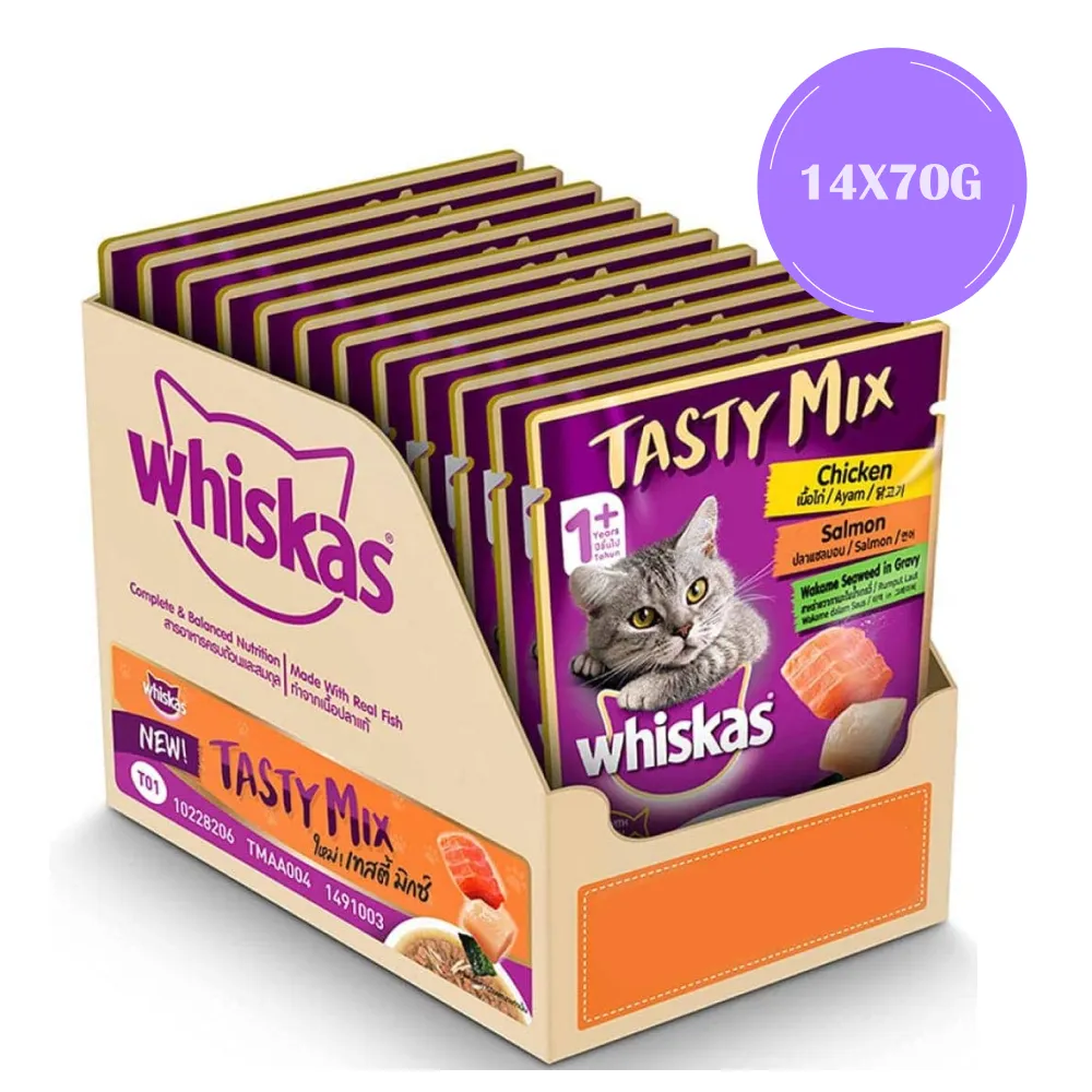 Whiskas Chicken With Salmon and Seafood Cocktail Wakame Seaweed in Gravy Tasty Mix Adult Cat Wet Food Combo