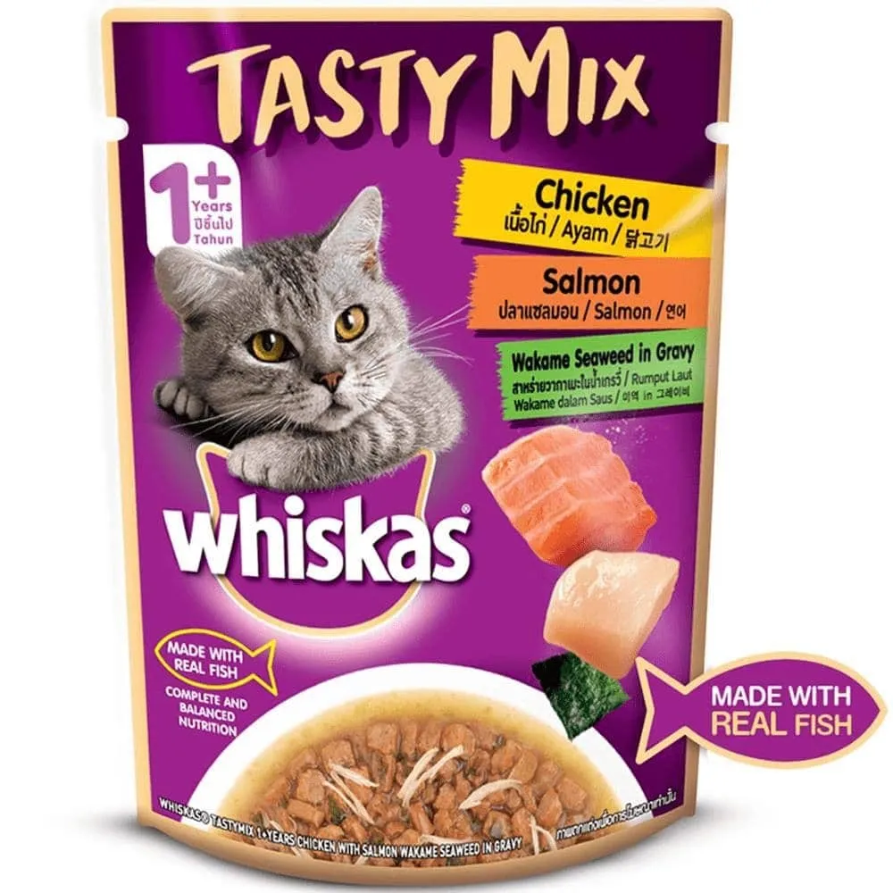 Whiskas Chicken With Salmon and Seafood Cocktail Wakame Seaweed in Gravy Tasty Mix Adult Cat Wet Food Combo