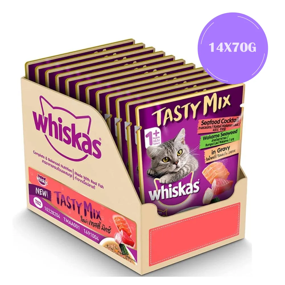 Whiskas Chicken With Salmon and Seafood Cocktail Wakame Seaweed in Gravy Tasty Mix Adult Cat Wet Food Combo