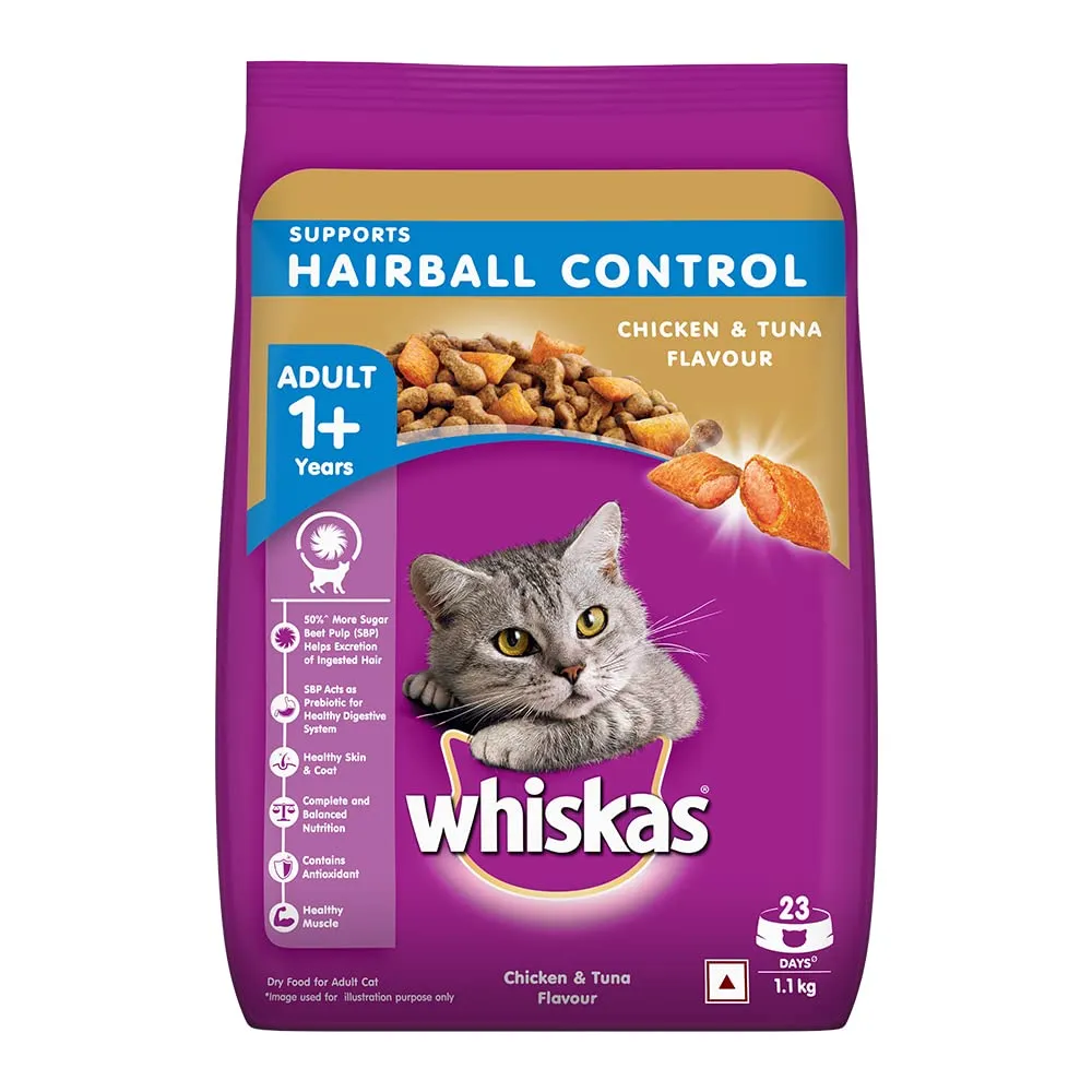 Whiskas, Dry Cat Food for Adult Cats (1  Years), Supports Hairball Control, Chicken & Tuna Flavour, 1.1 kg