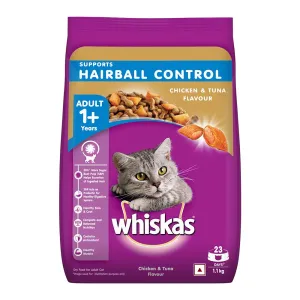 Whiskas, Dry Cat Food for Adult Cats (1  Years), Supports Hairball Control, Chicken & Tuna Flavour, 1.1 kg