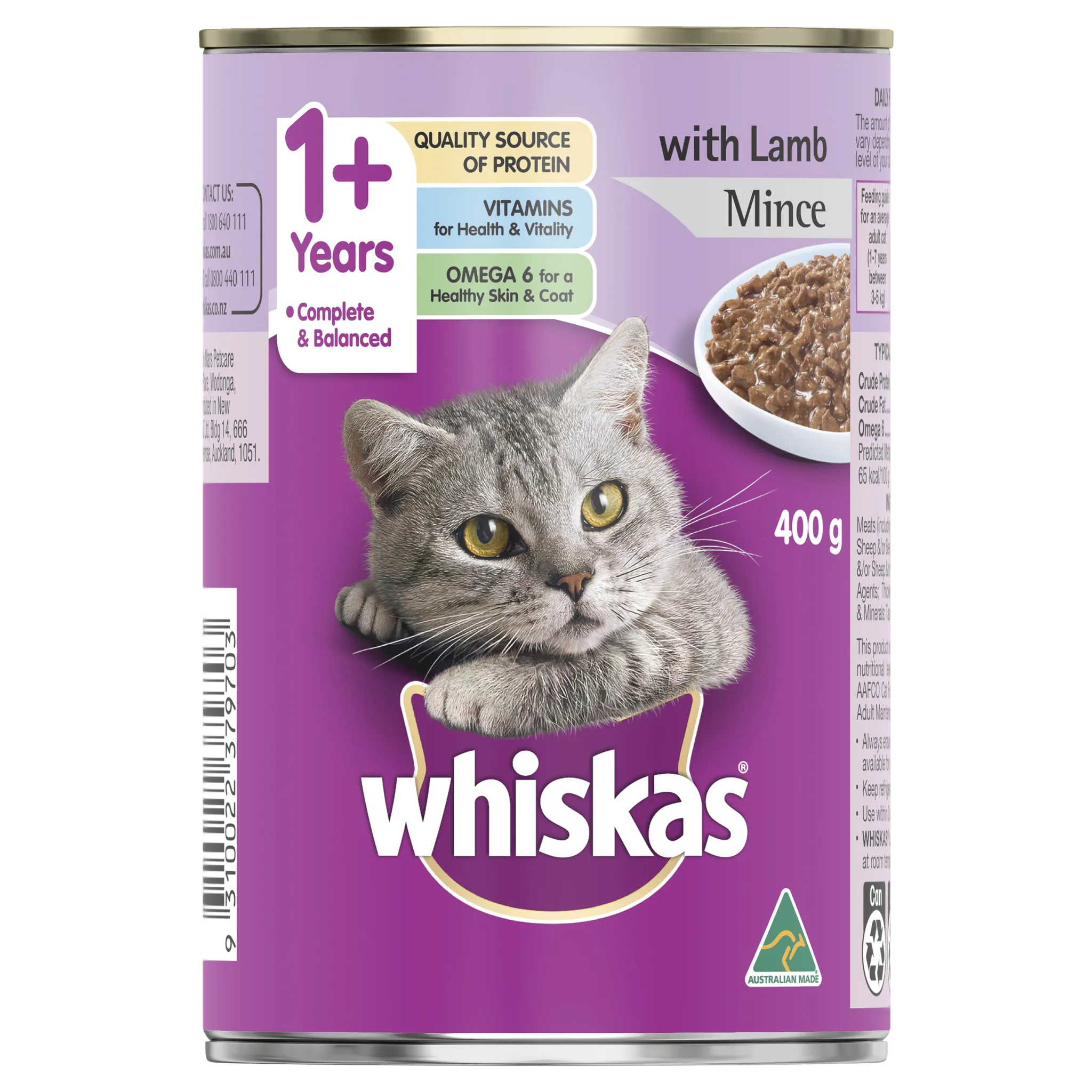 Whiskas Oh So Meaty Cat Adult 1 yrs Mince Lamb Turkey & Vegetables 400g x 24