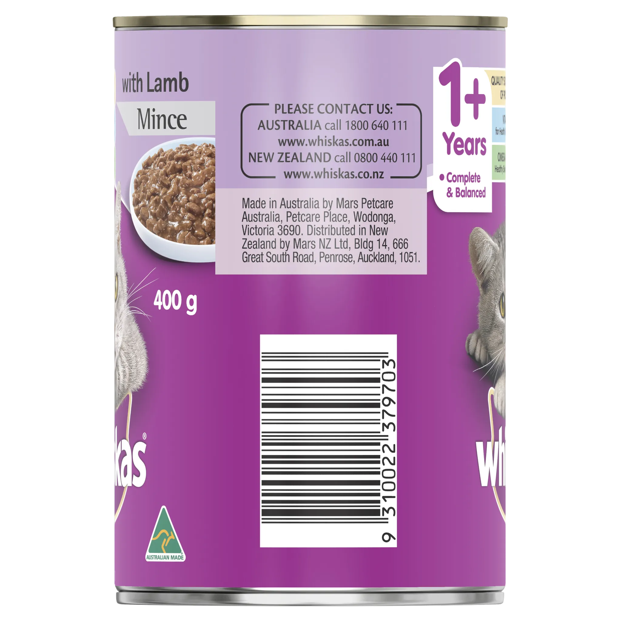 Whiskas Oh So Meaty Cat Adult 1 yrs Mince Lamb Turkey & Vegetables 400g x 24